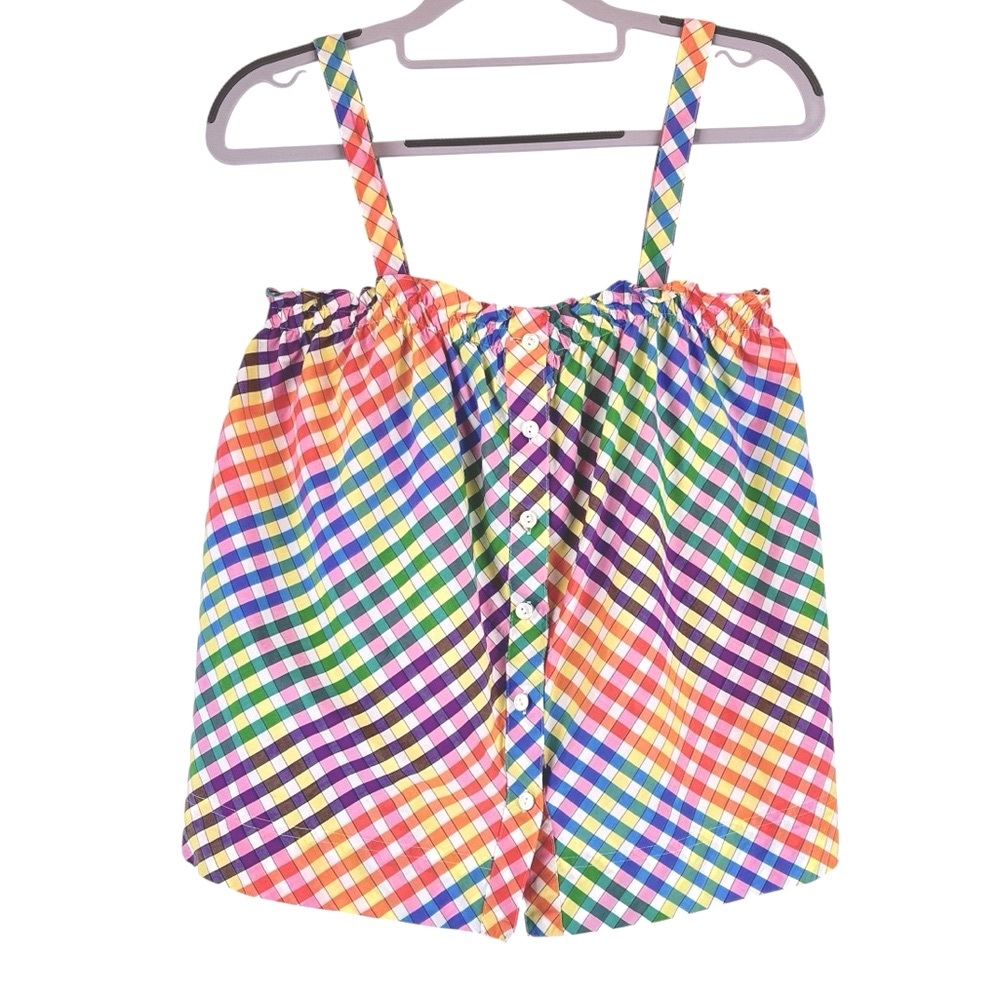 J Crew Rainbow Checkered Gingham Button Up‎ Tank Top Cotton Sz 2